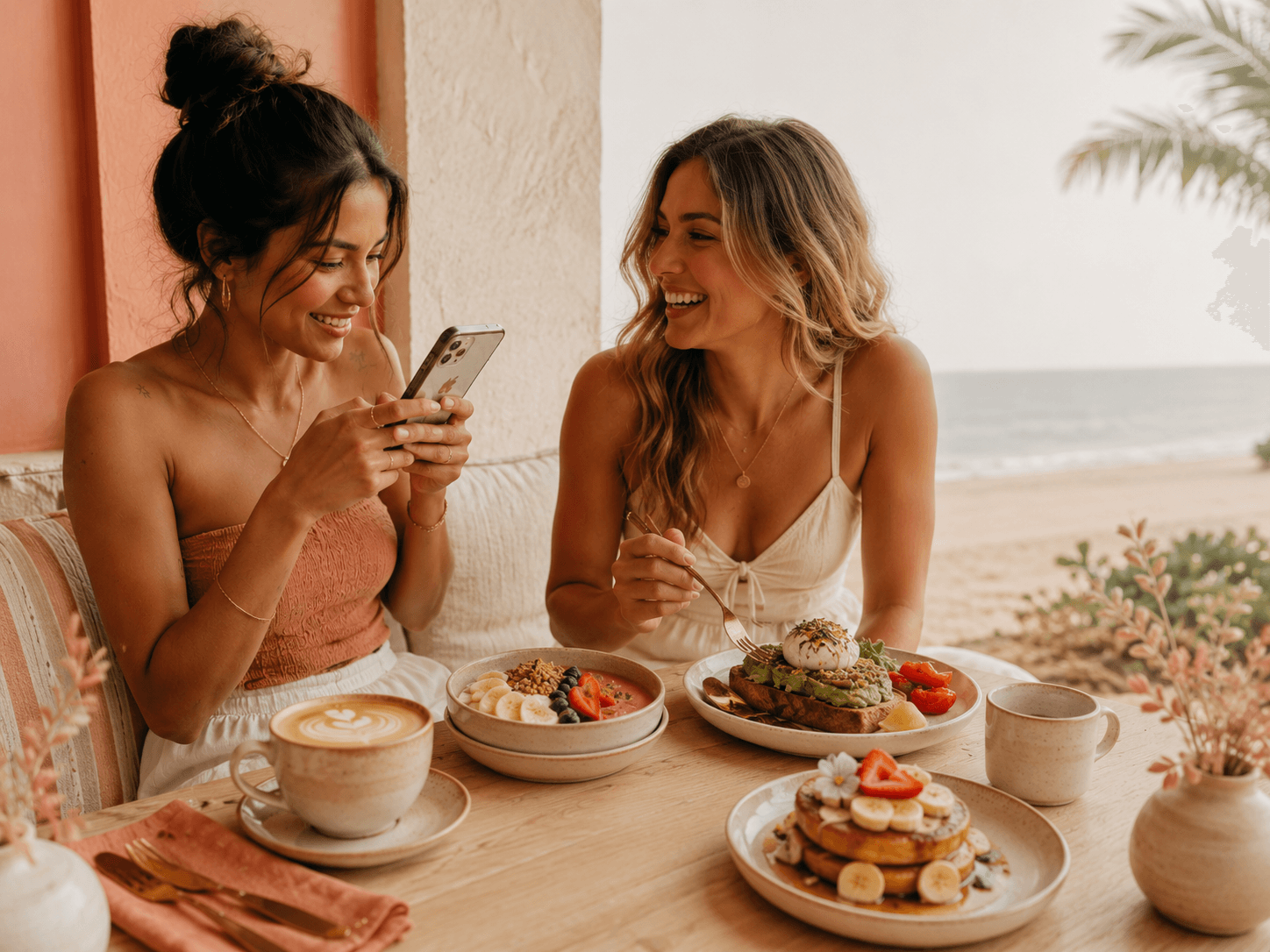 Two friends sharing coffee and brunch at a beachside café